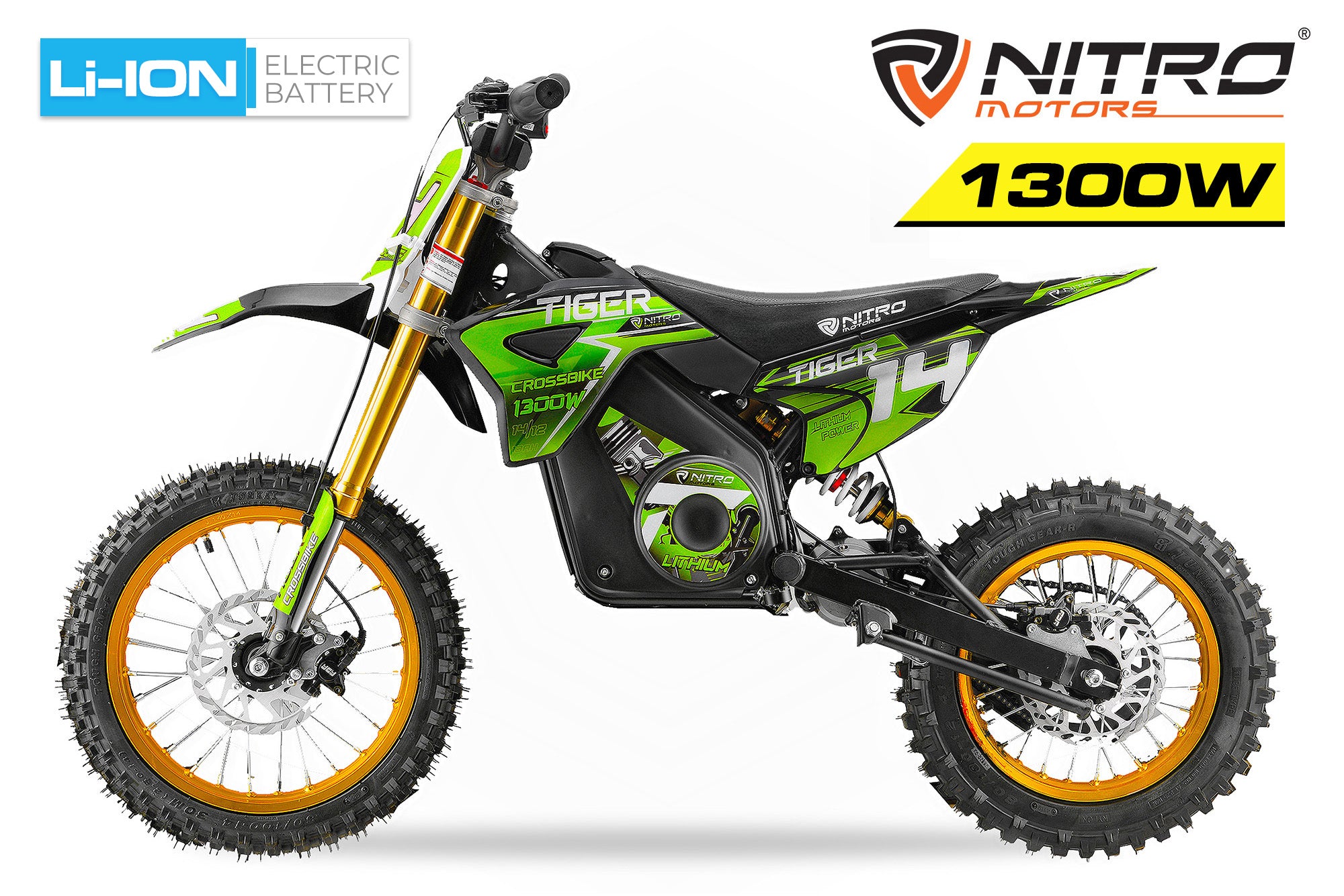 Dirt Bike Tout-terrain électrique Nitro 1300W Tiger Lithium 13Ah 14/12 sans balais DLX Vert