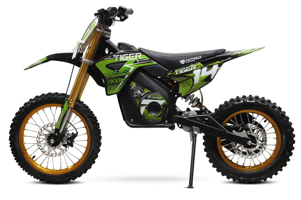 Dirt Bike Tout-terrain électrique Nitro 1300W Tiger Lithium 13Ah 14/12 sans balais DLX Vert